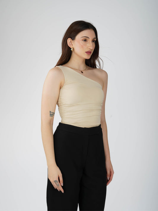 Beige One Shoulder Bodysuit - Halo Bodysuit (Sand)