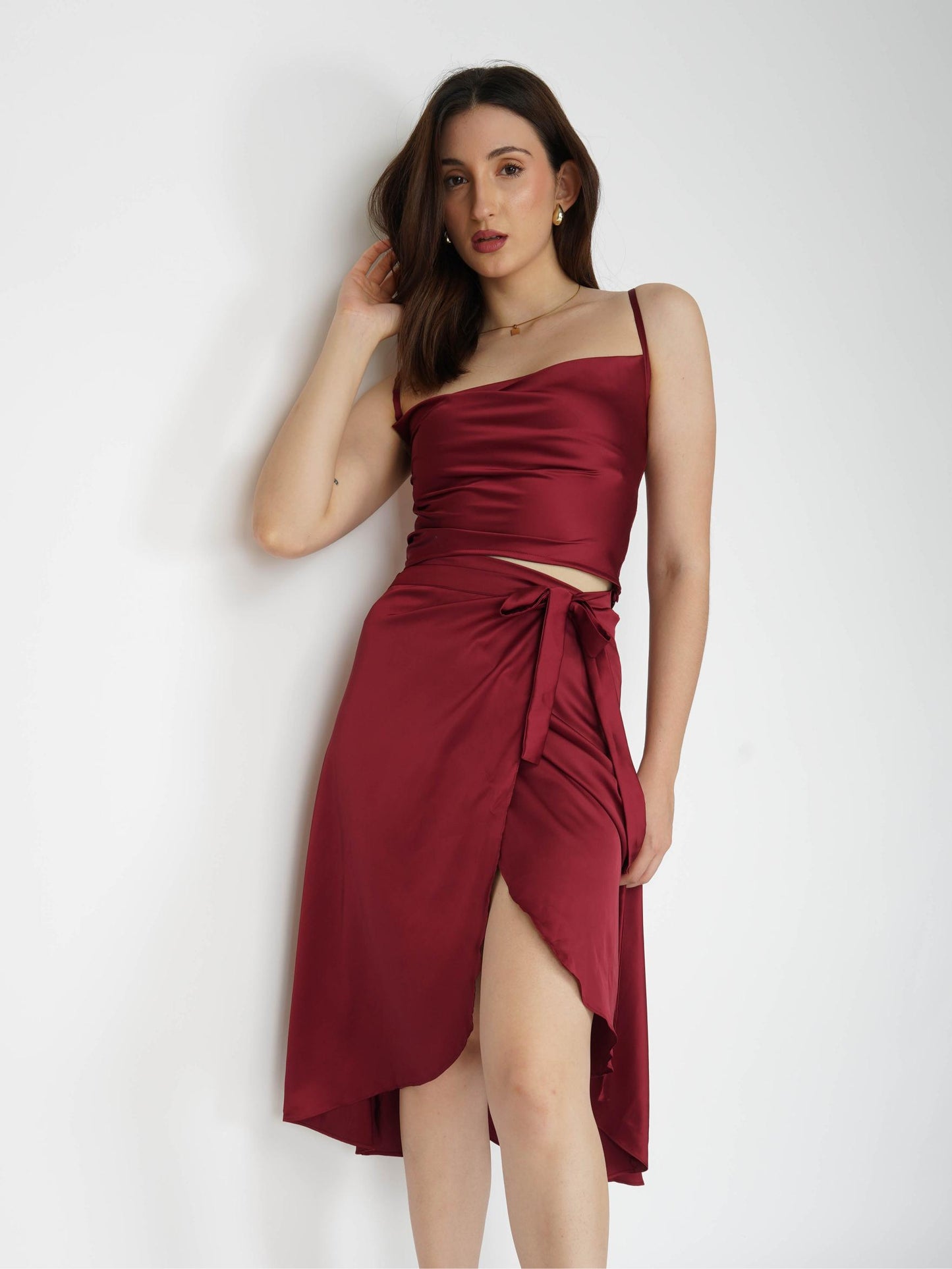 Red Cowl Neck Top + skirt  Set - Lush Set (Cherry)