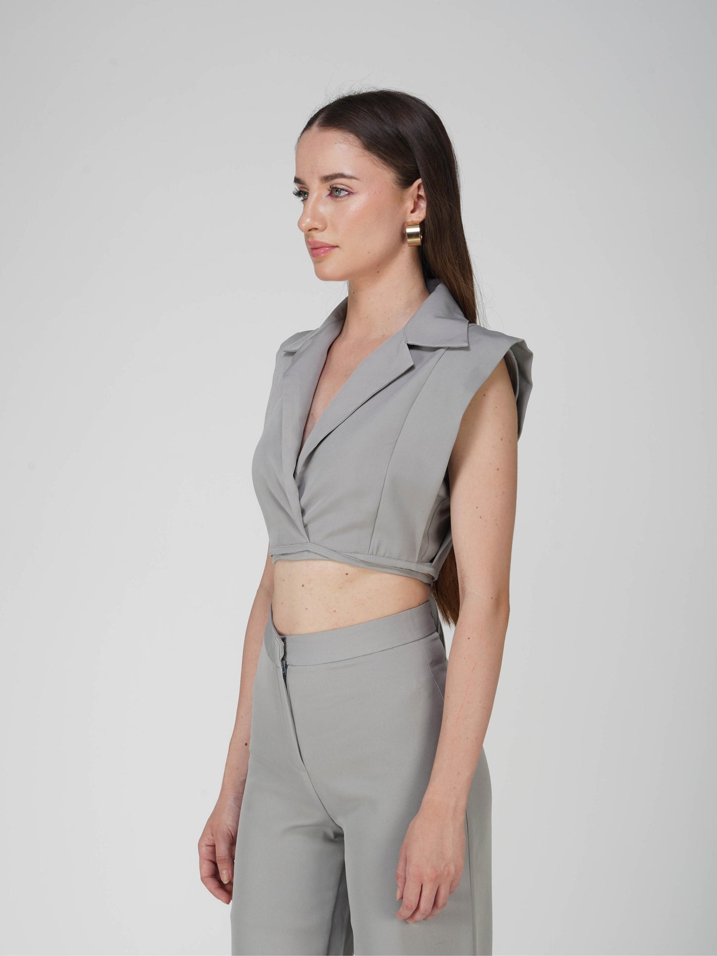 Grey Overlap Crop Blazer Set - Lucid Set (Ash)