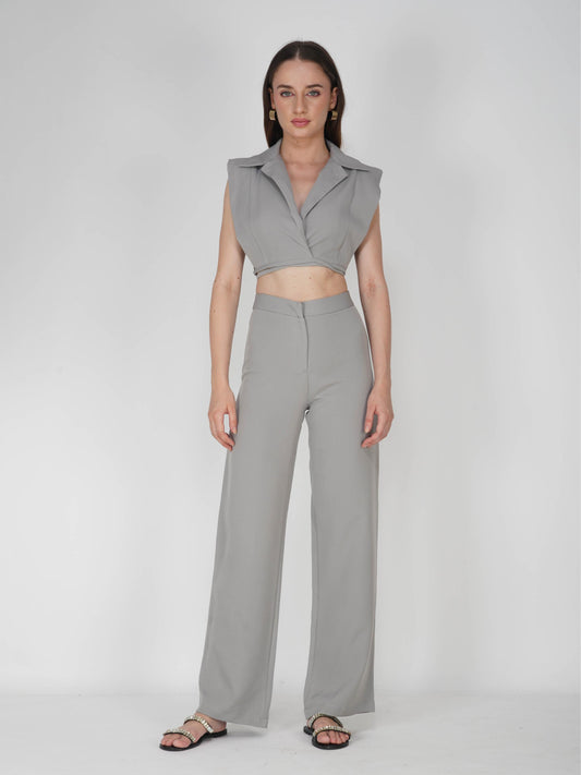 Grey Overlap Crop Blazer Set - Lucid Set (Ash)