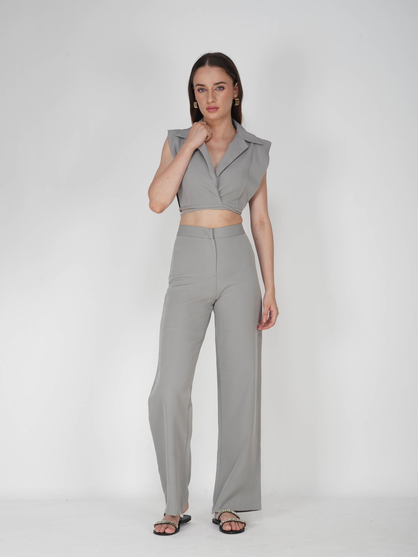 Grey Overlap Crop Blazer Set - Lucid Set (Ash)
