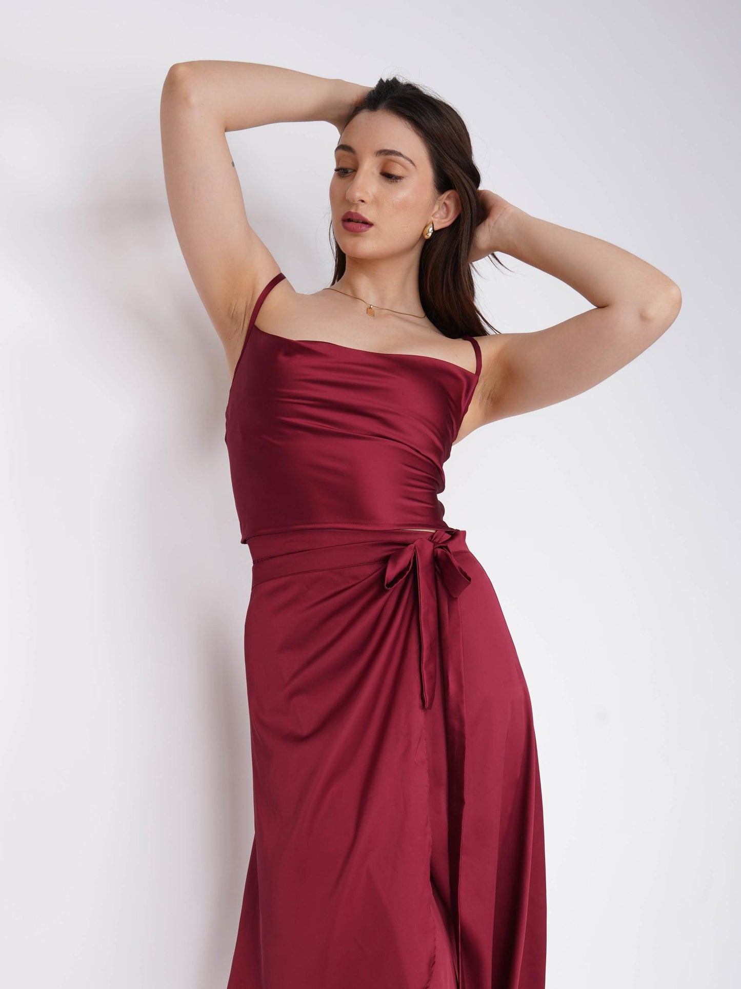 Red Cowl Neck Top + skirt  Set - Lush Set (Cherry)