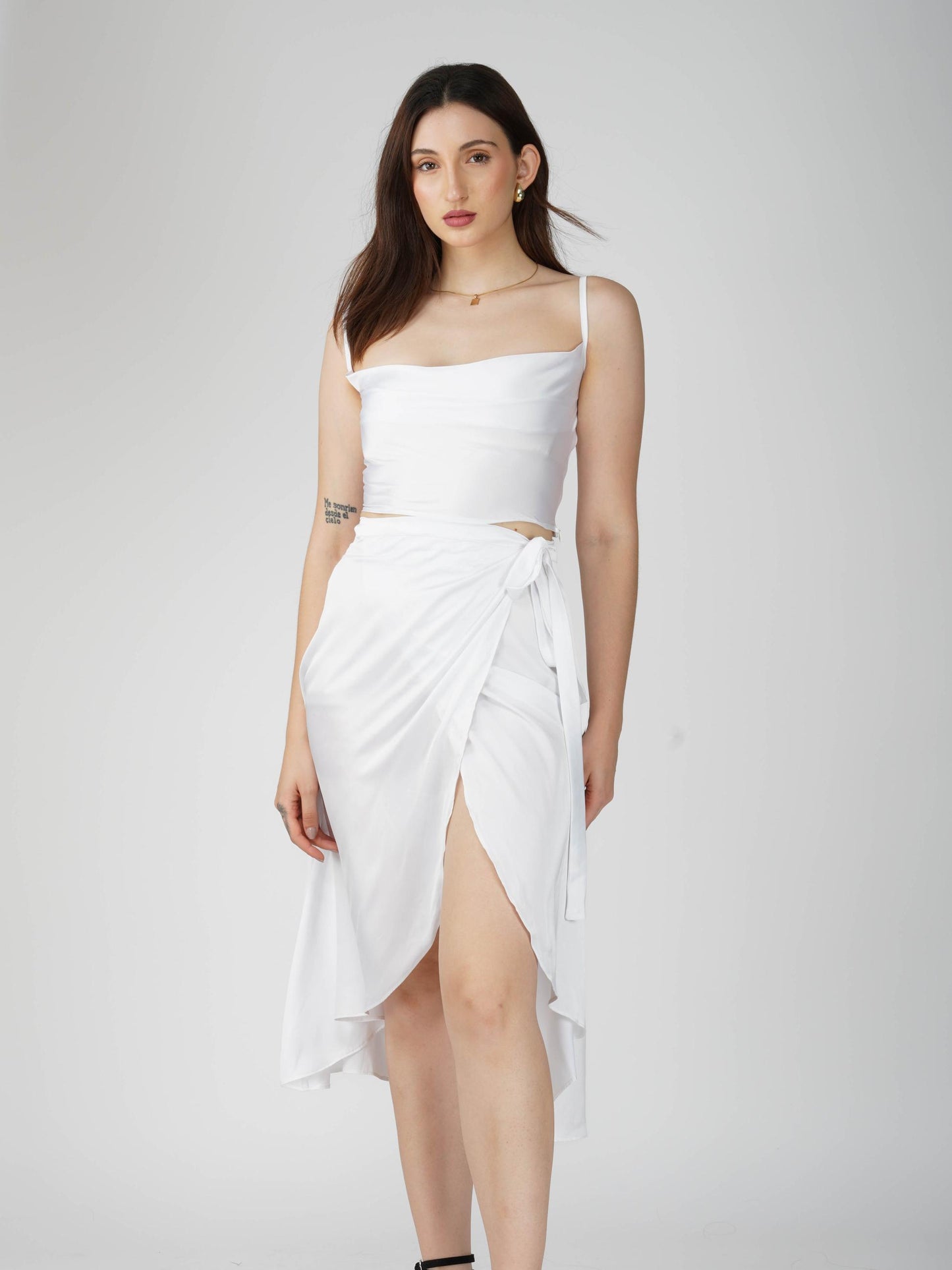White Cowl Neck Top + skirt Set - Lush Set (Dove)