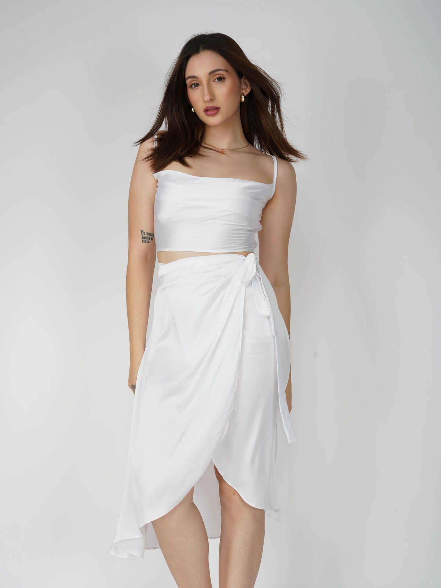 White Cowl Neck Top + skirt Set - Lush Set (Dove)