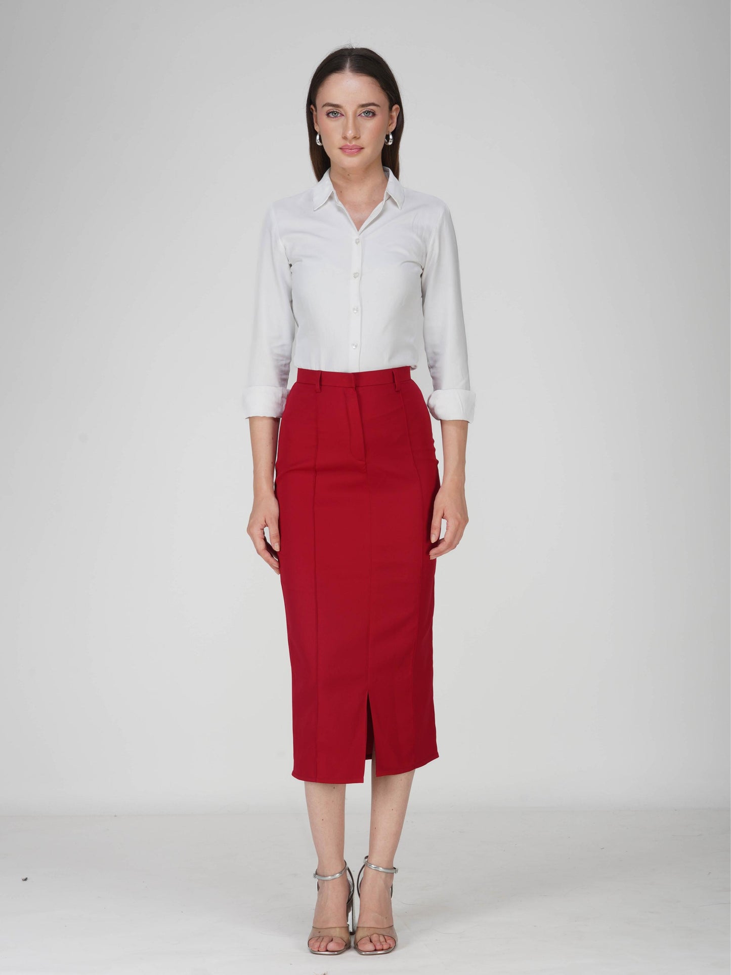 Red Tailored Slit Skirt - Tide Skirt (Cherry)