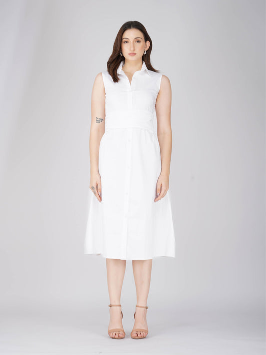 White Button-Up Midi Dress - Stone Dress (Dove)