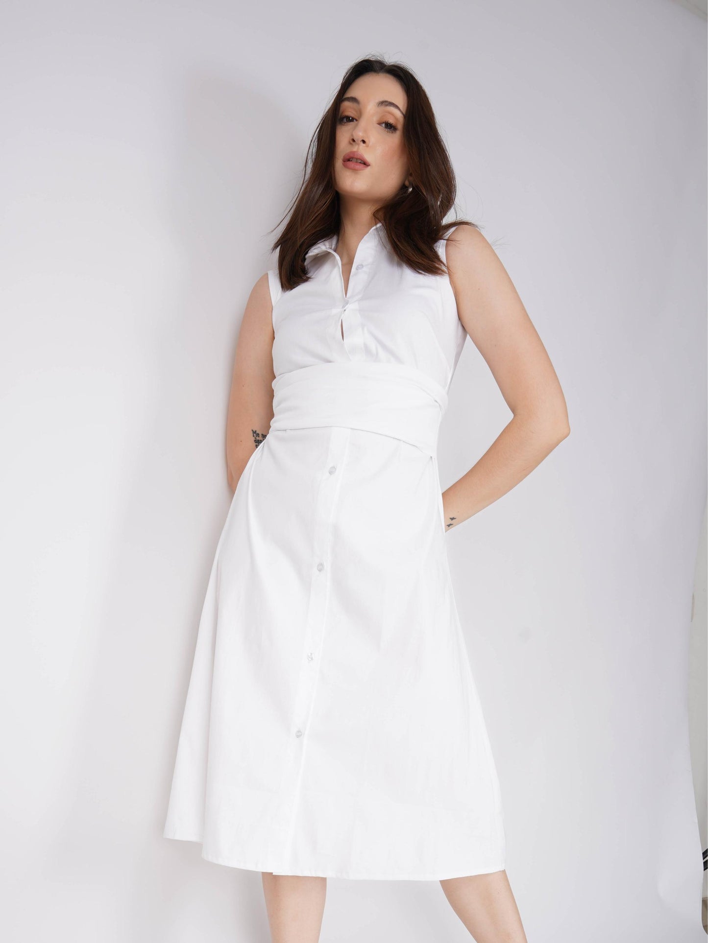 White Button-Up Midi Dress - Stone Dress (Dove)