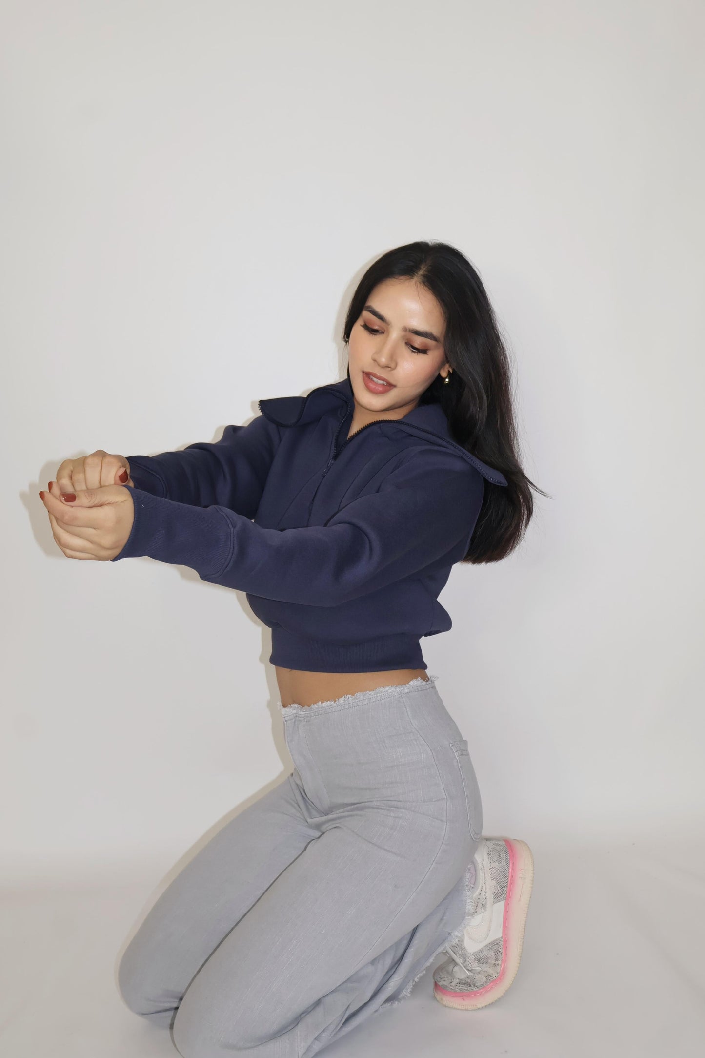 Blue Full Sleeve Cropped Zipper Top - Cropped Zipper (Navy)