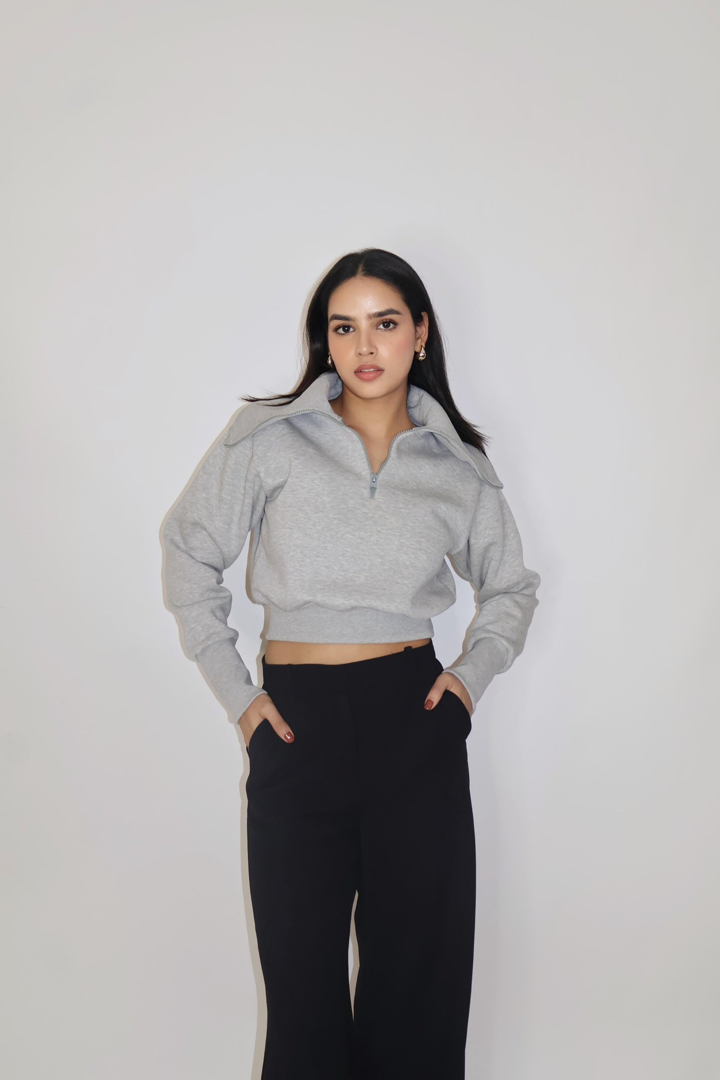 Grey Full Sleeve Cropped Zipper Top - Cropped Zipper (Slate)