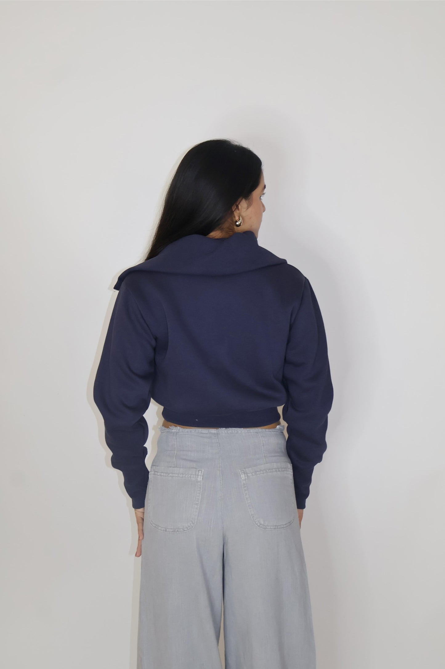 Blue Full Sleeve Cropped Zipper Top - Cropped Zipper (Navy)