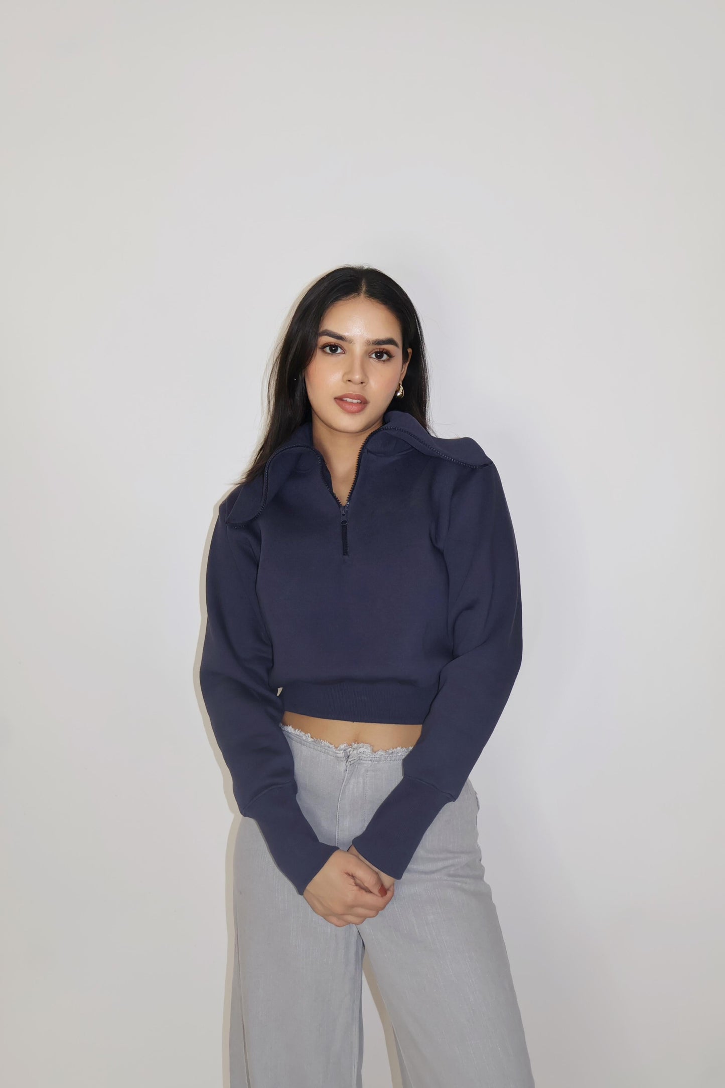 Blue Full Sleeve Cropped Zipper Top - Cropped Zipper (Navy)
