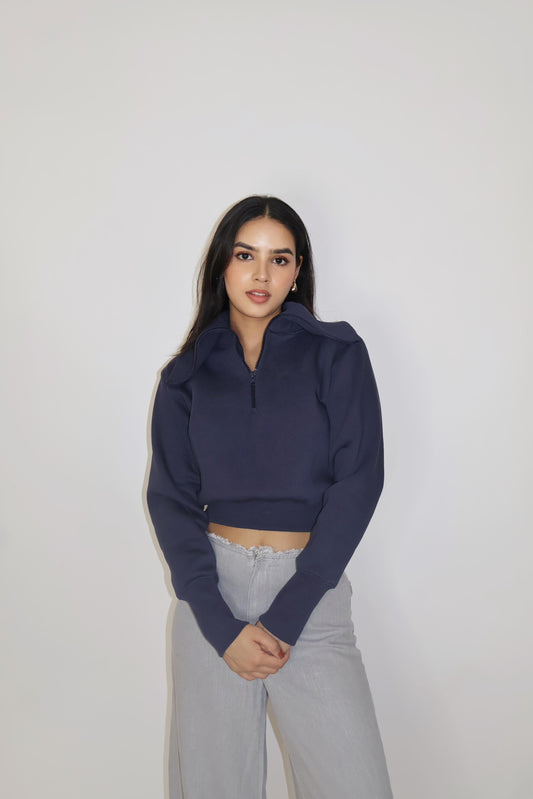Blue Full Sleeve Cropped Zipper Top - Cropped Zipper (Navy)