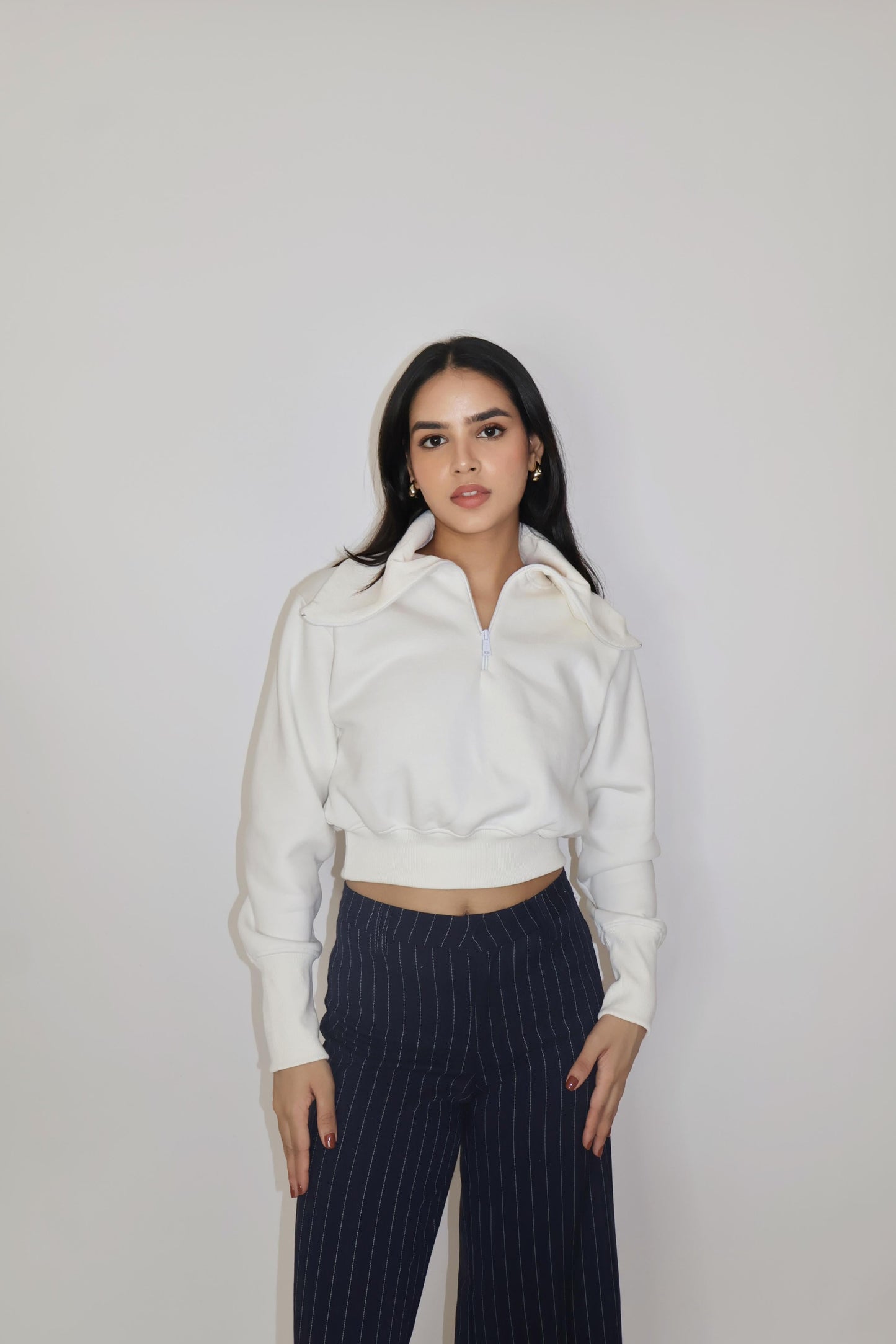 White Full Sleeve Cropped Zipper Top - Cropped Zipper (Dove)