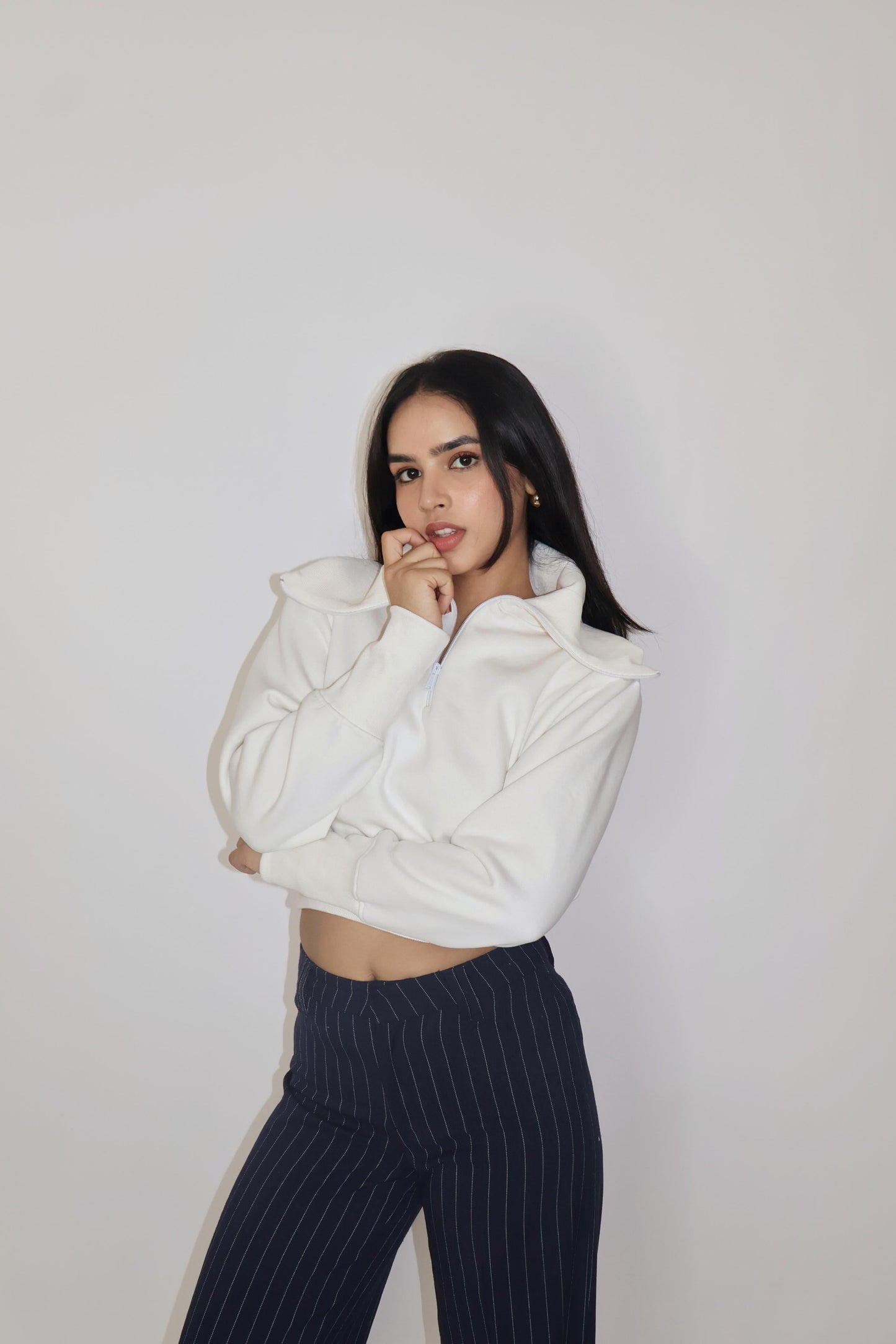 White Full Sleeve Cropped Zipper Top - Cropped Zipper (Dove)