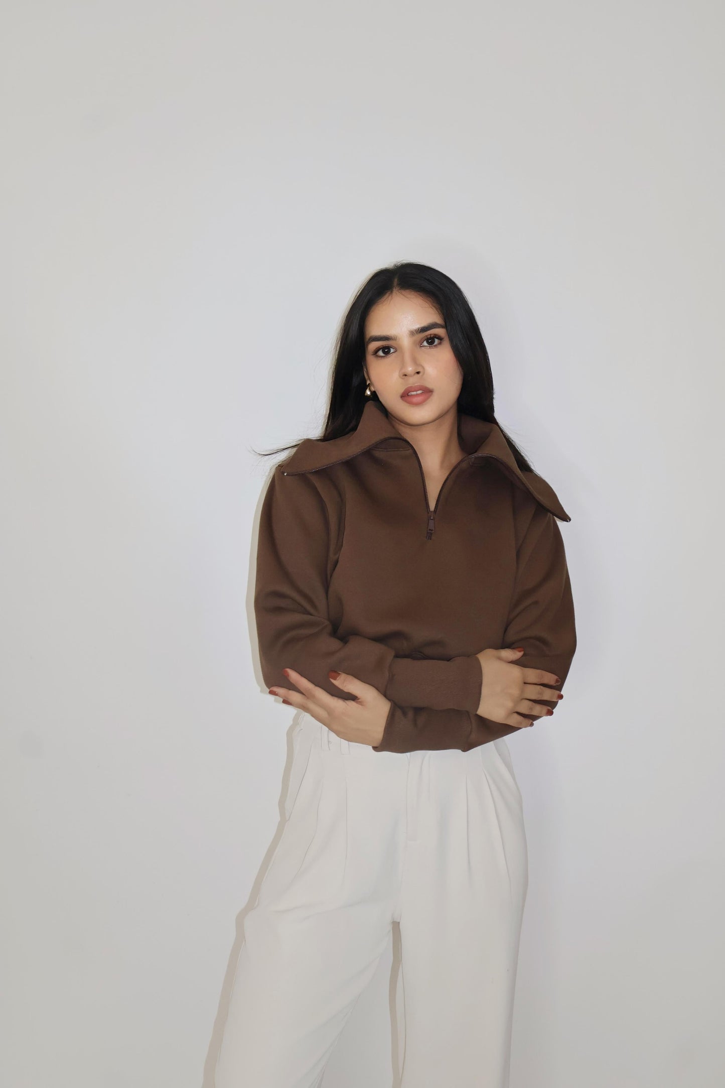 Brown Full Sleeve Cropped Zipper Top - Cropped Zipper (Coco)