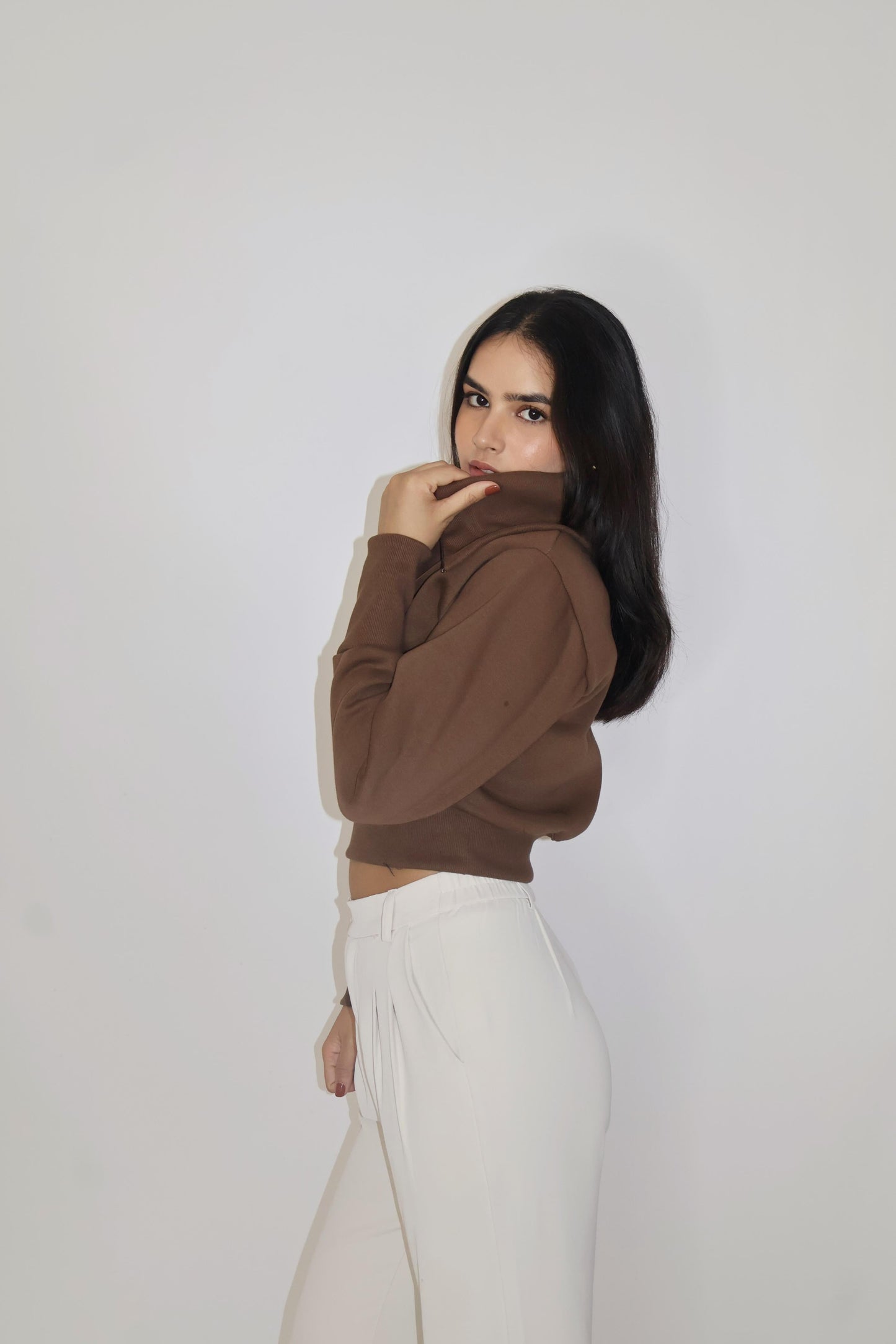 Brown Full Sleeve Cropped Zipper Top - Cropped Zipper (Coco)