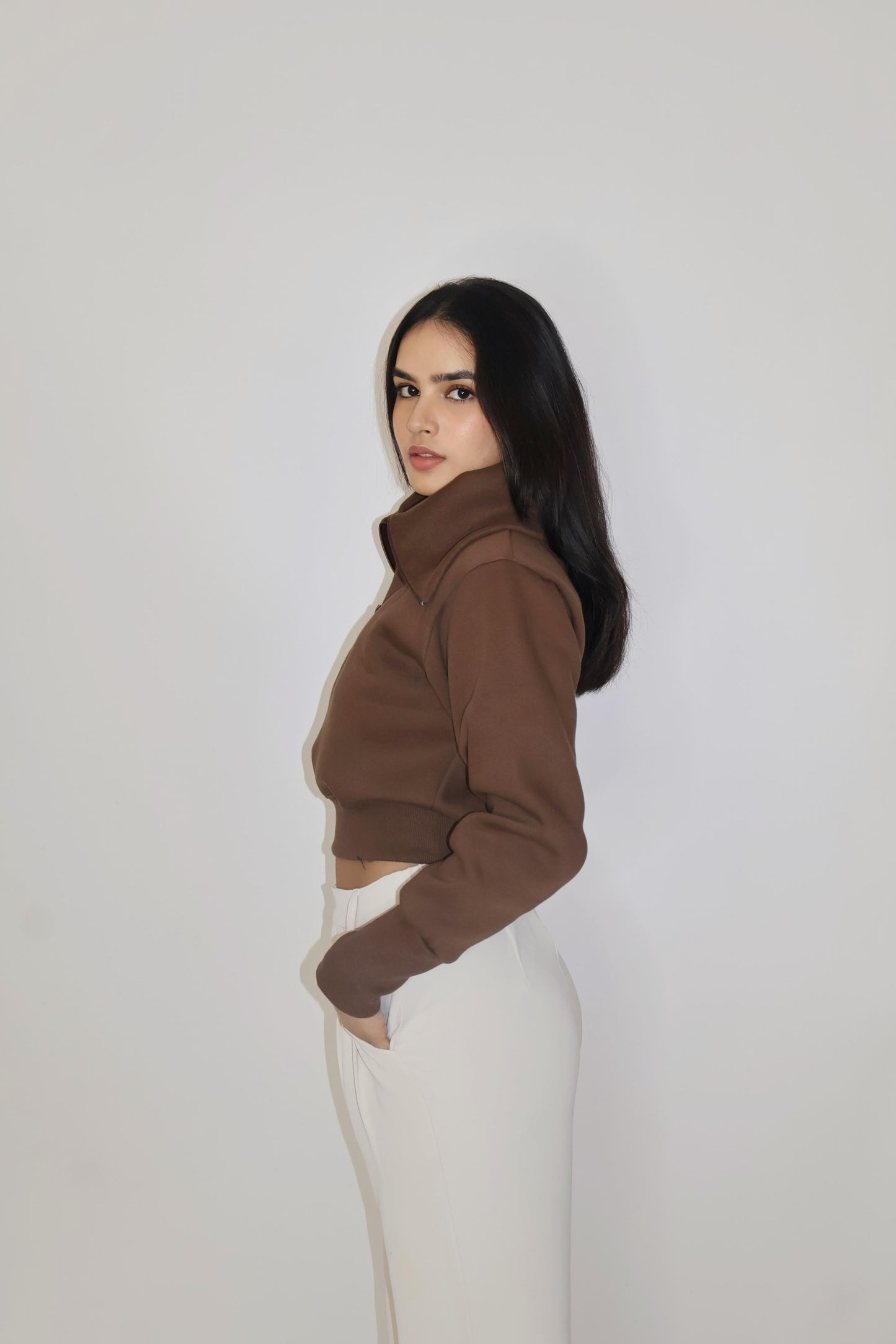 Brown Full Sleeve Cropped Zipper Top - Cropped Zipper (Coco)