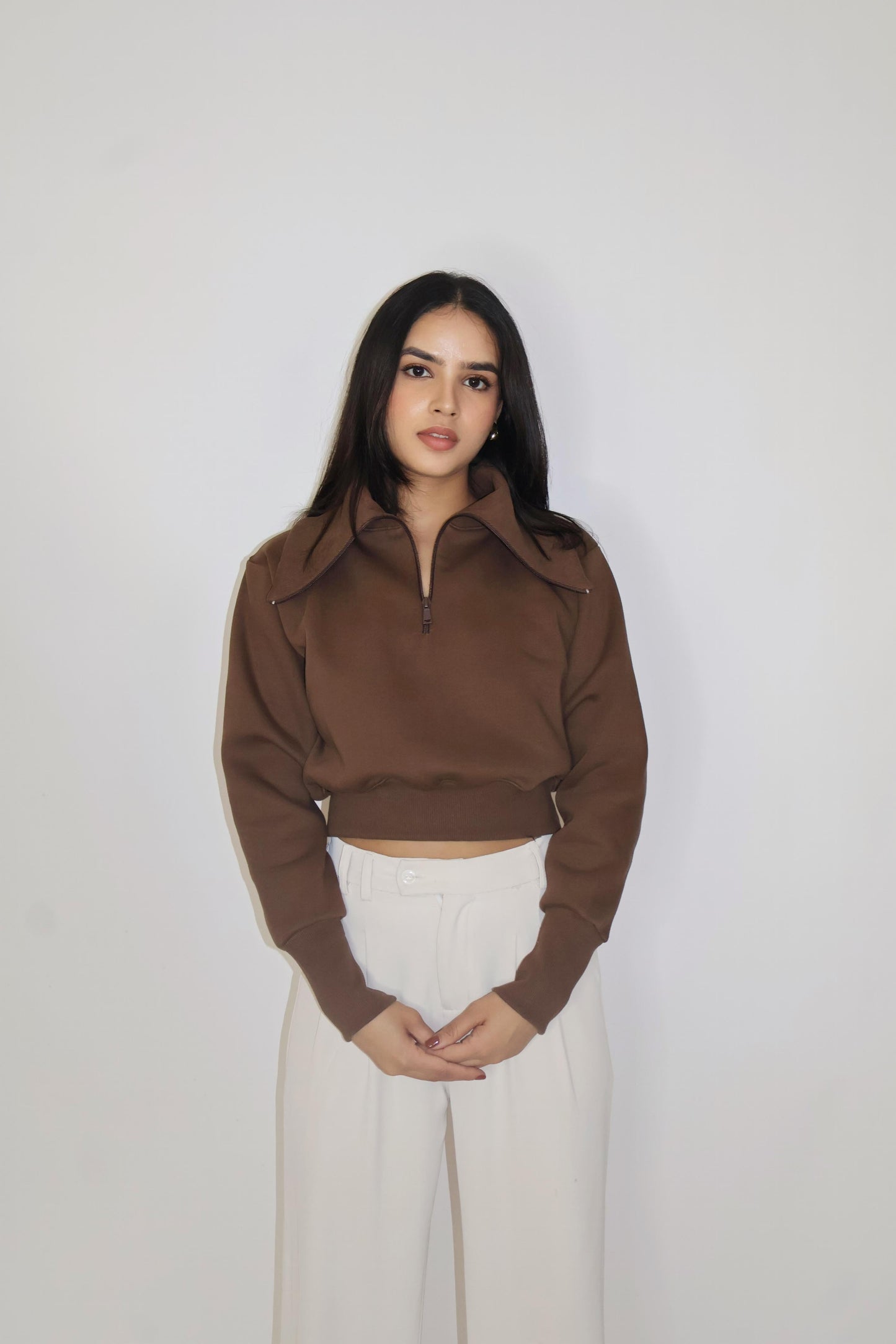 Brown Full Sleeve Cropped Zipper Top - Cropped Zipper (Coco)