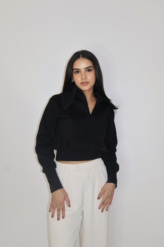 Black Full Sleeve Cropped Zipper Top - Cropped Zipper (Onyx)