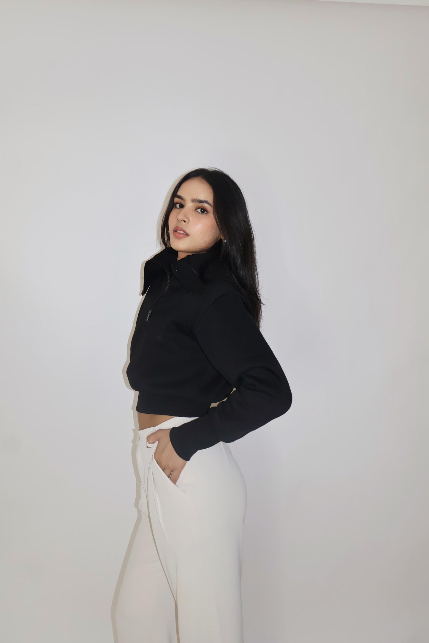 Black Full Sleeve Cropped Zipper Top - Cropped Zipper (Onyx)