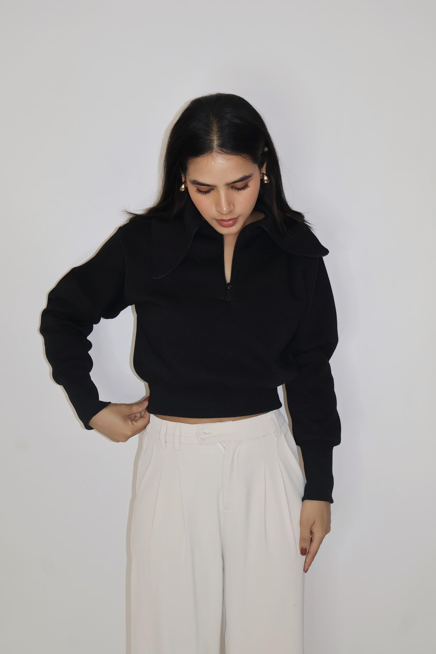 Black Full Sleeve Cropped Zipper Top - Cropped Zipper (Onyx)