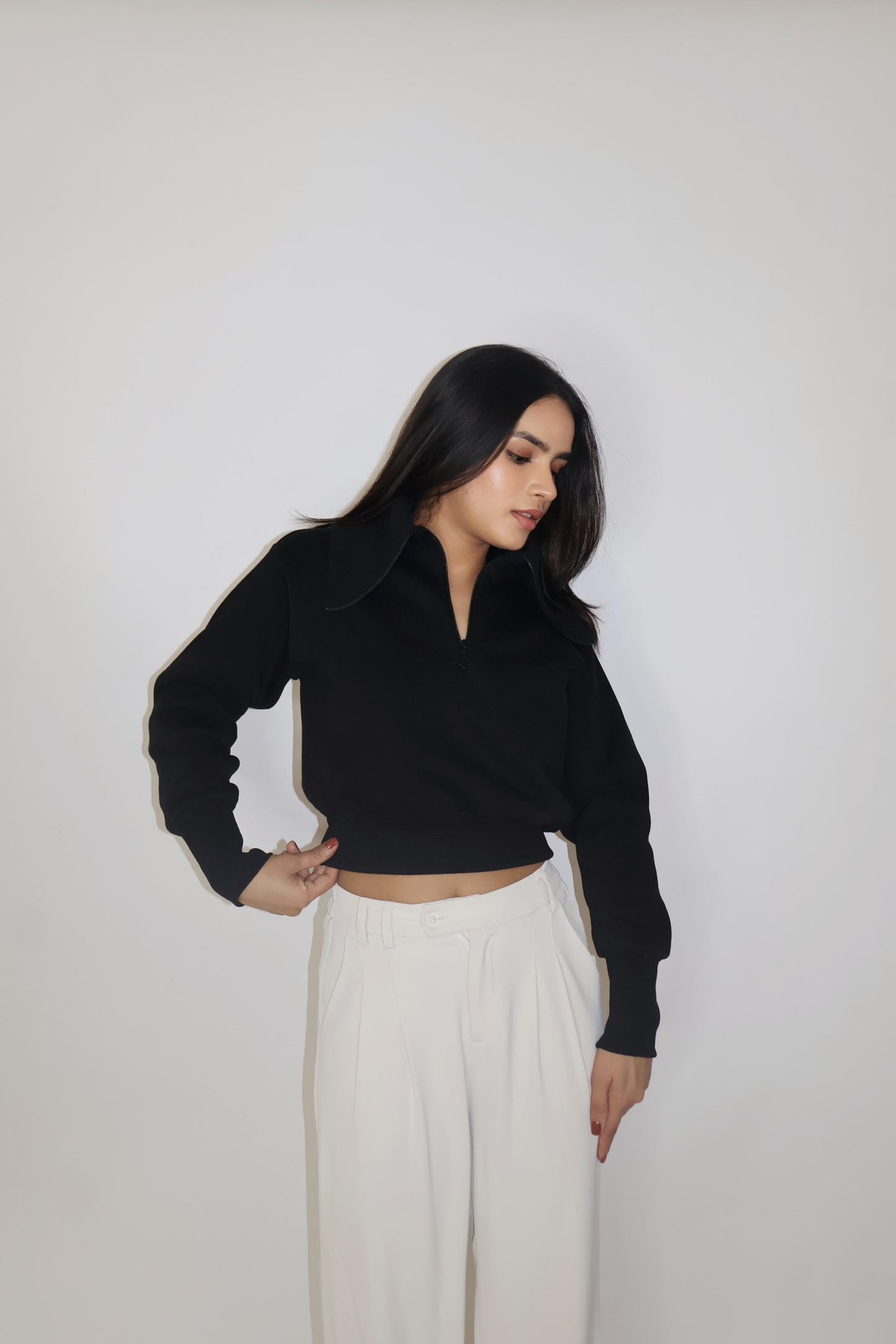 Black Full Sleeve Cropped Zipper Top - Cropped Zipper (Onyx)