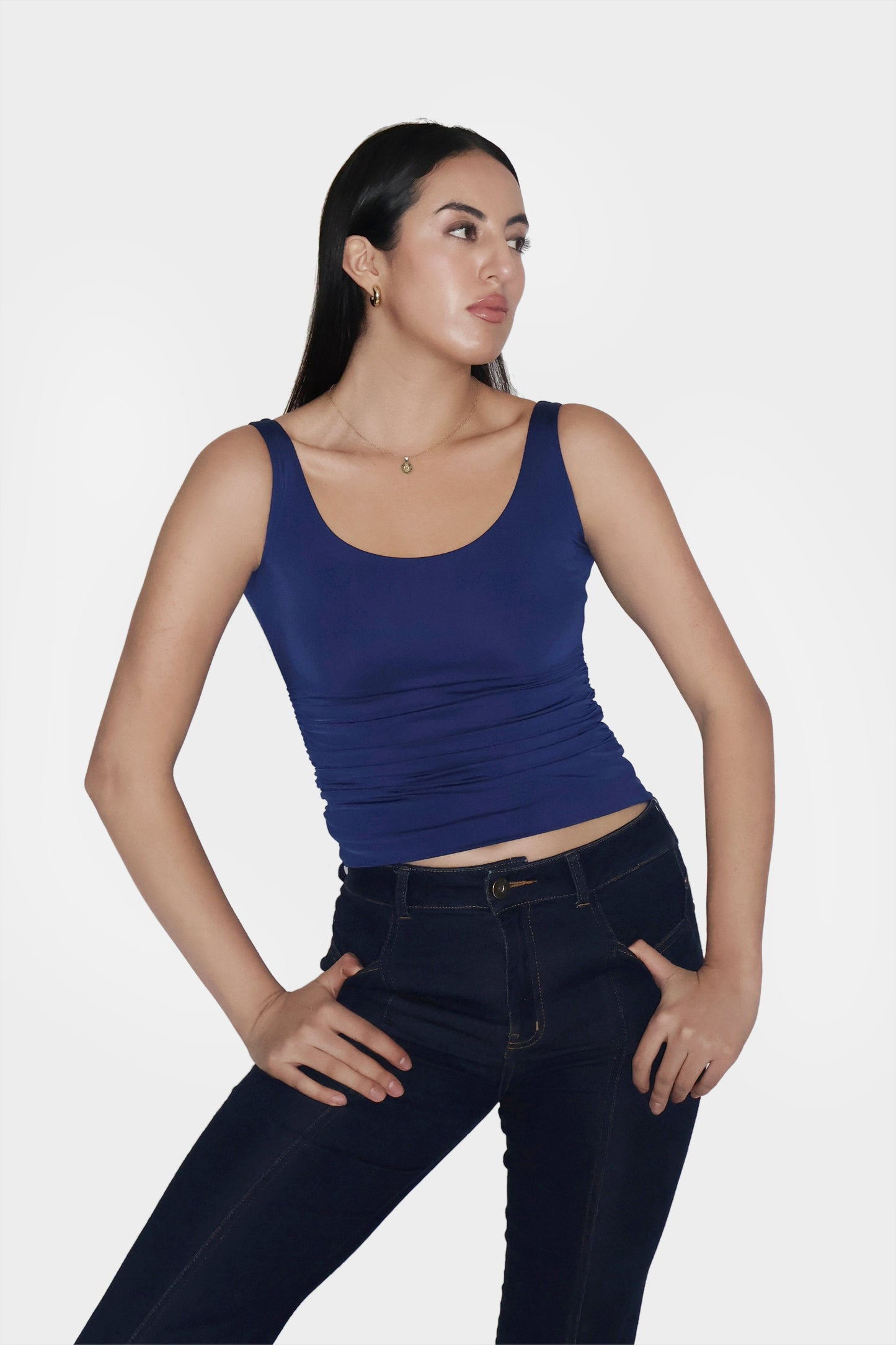Blue Ruched Tank Top - Quill Top (Navy)