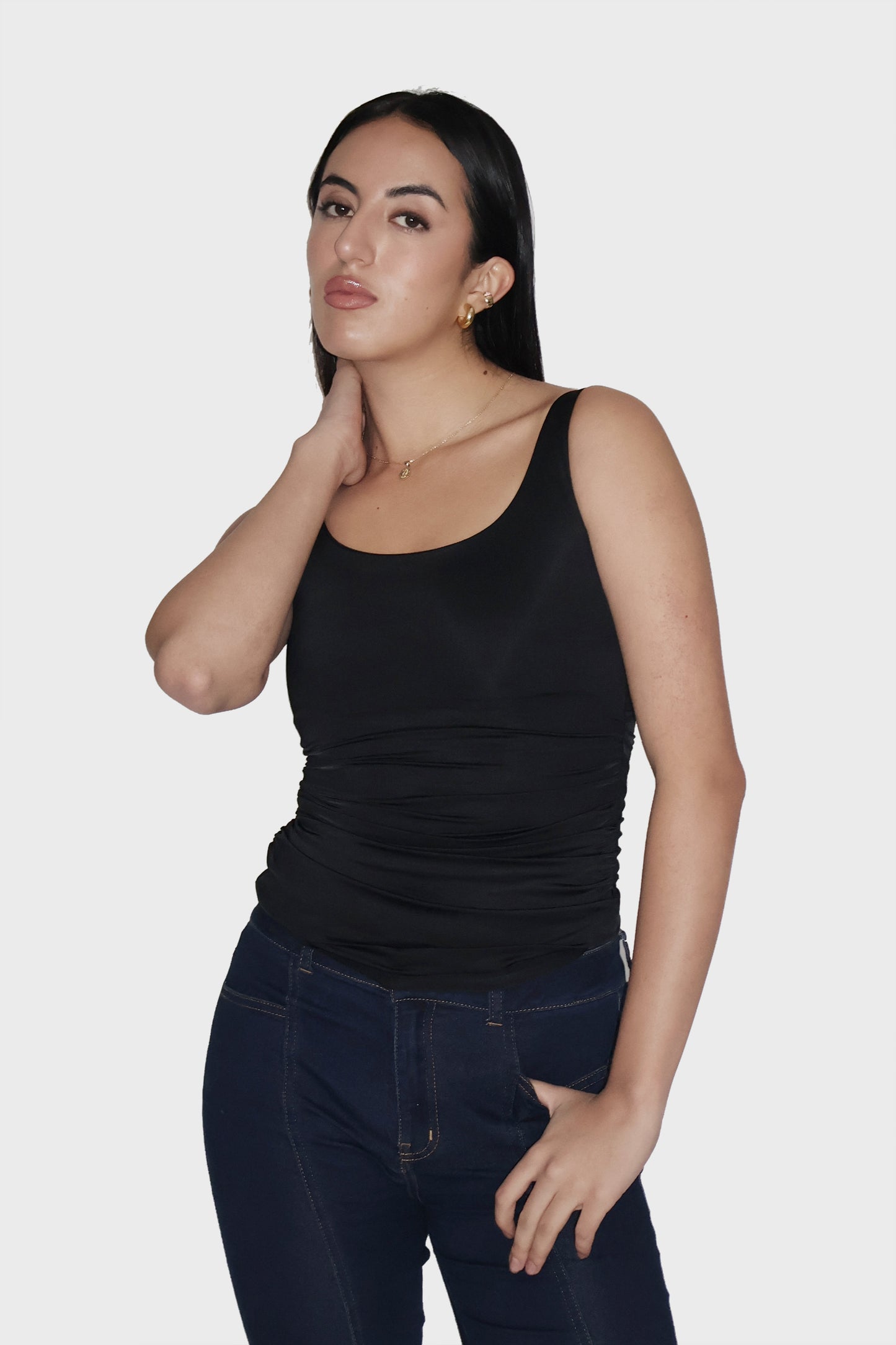 Black Ruched Tank Top - Quill Top (Onyx)