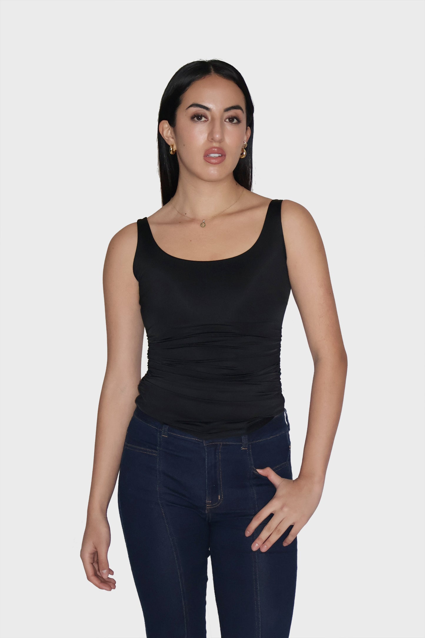 Black Ruched Tank Top - Quill Top (Onyx)