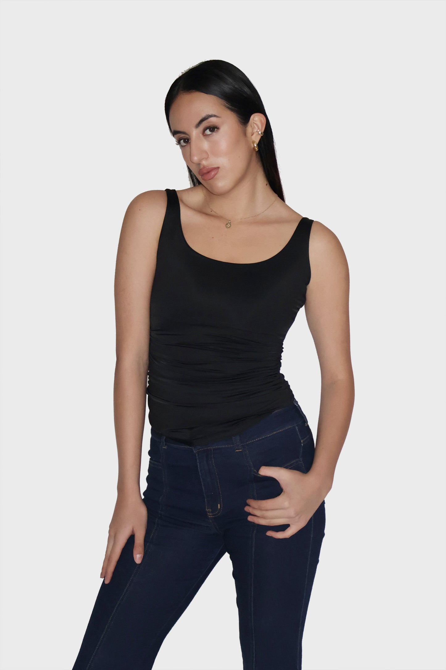 Black Ruched Tank Top - Quill Top (Onyx)
