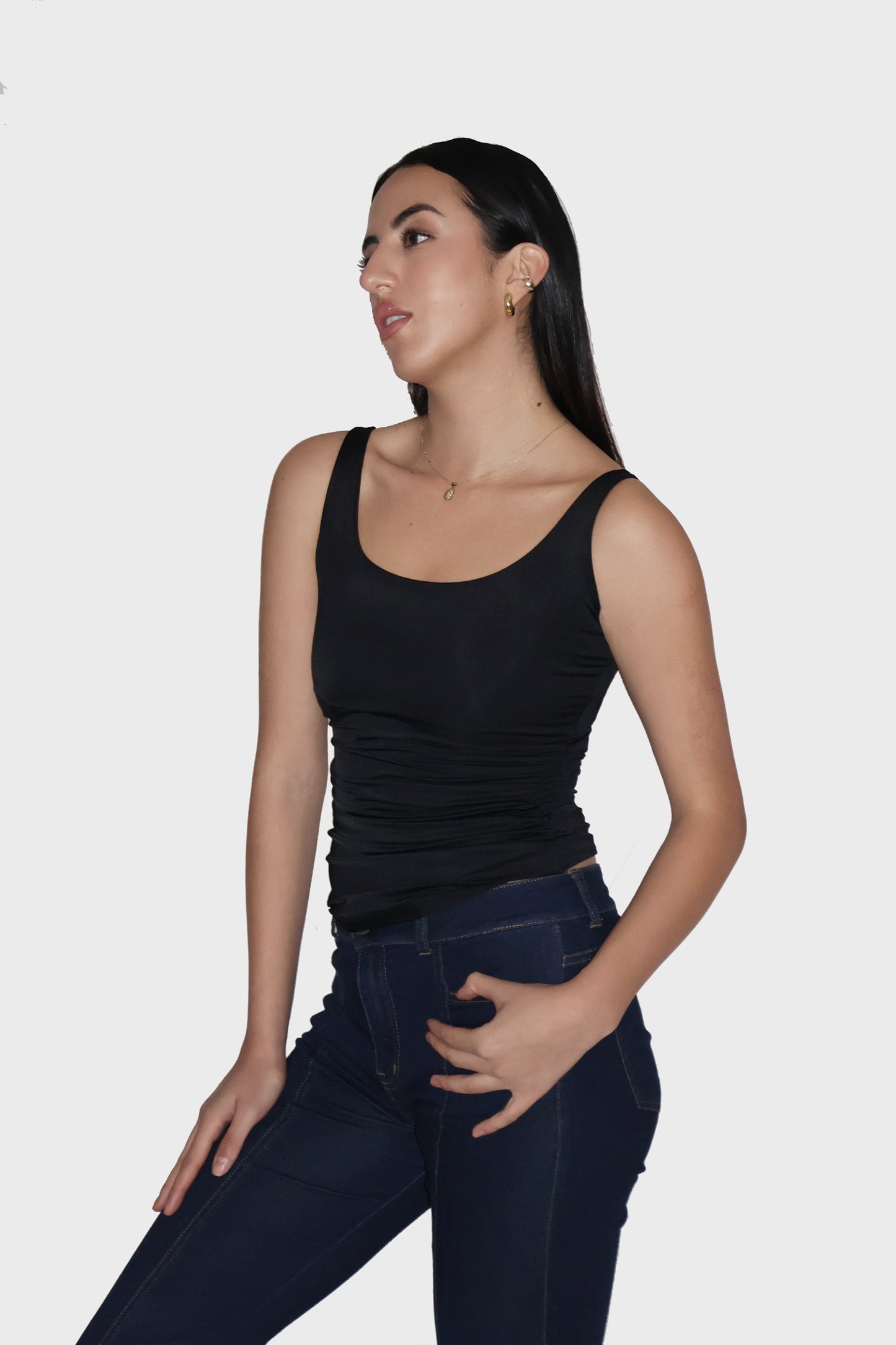 Black Ruched Tank Top - Quill Top (Onyx)