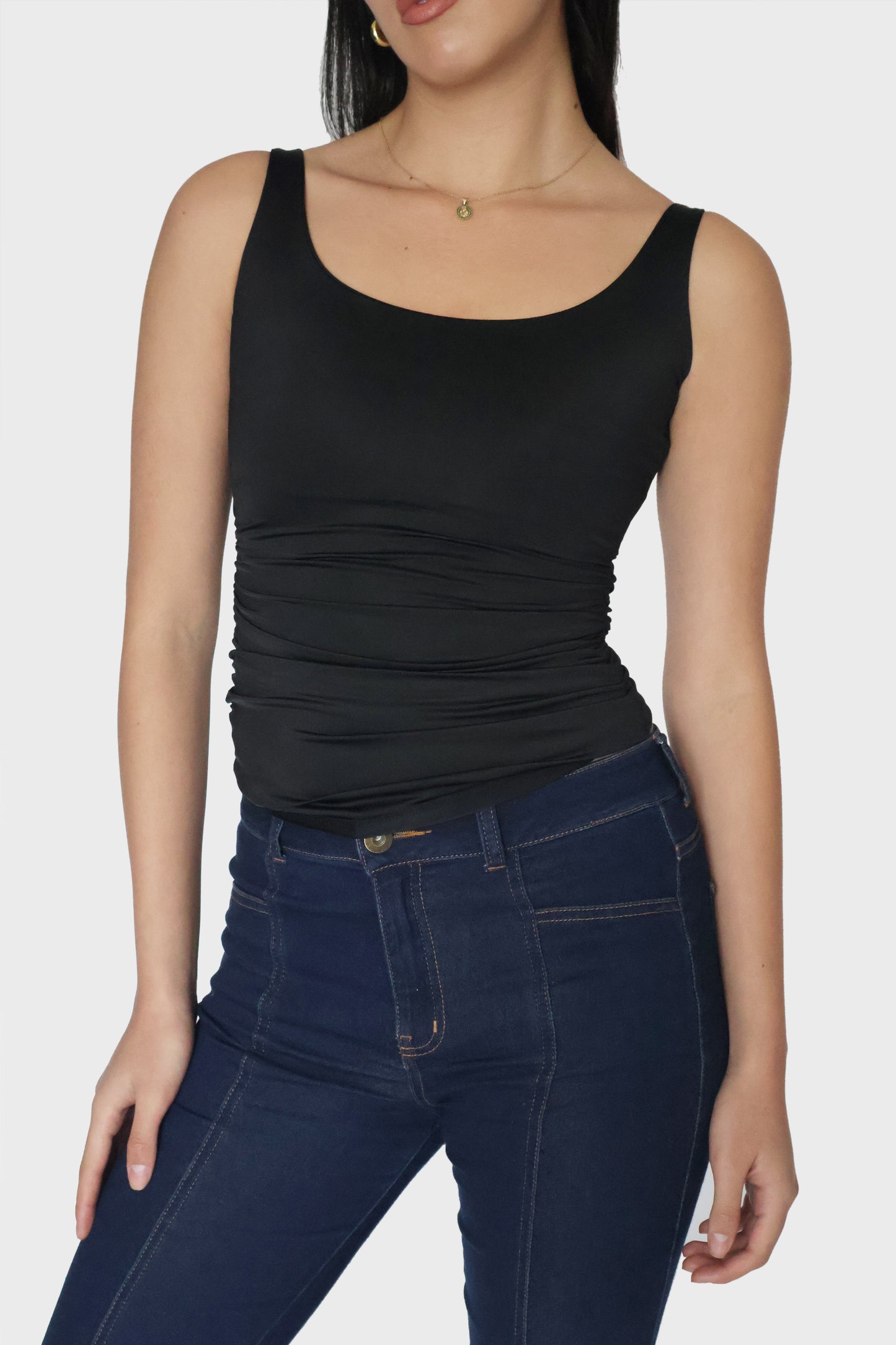 Black Ruched Tank Top - Quill Top (Onyx)