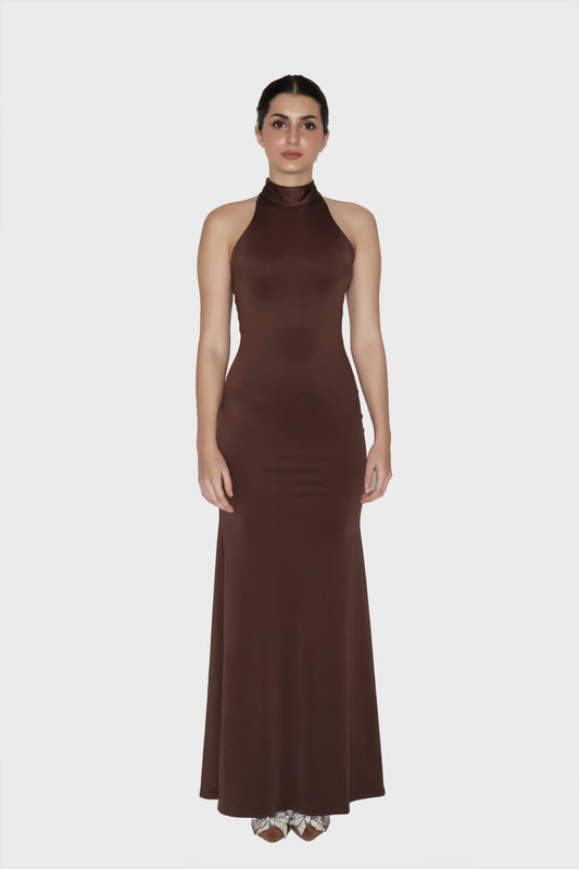 Brown Long Halter Neck Maxi Dress - Ether Dress (Coco)