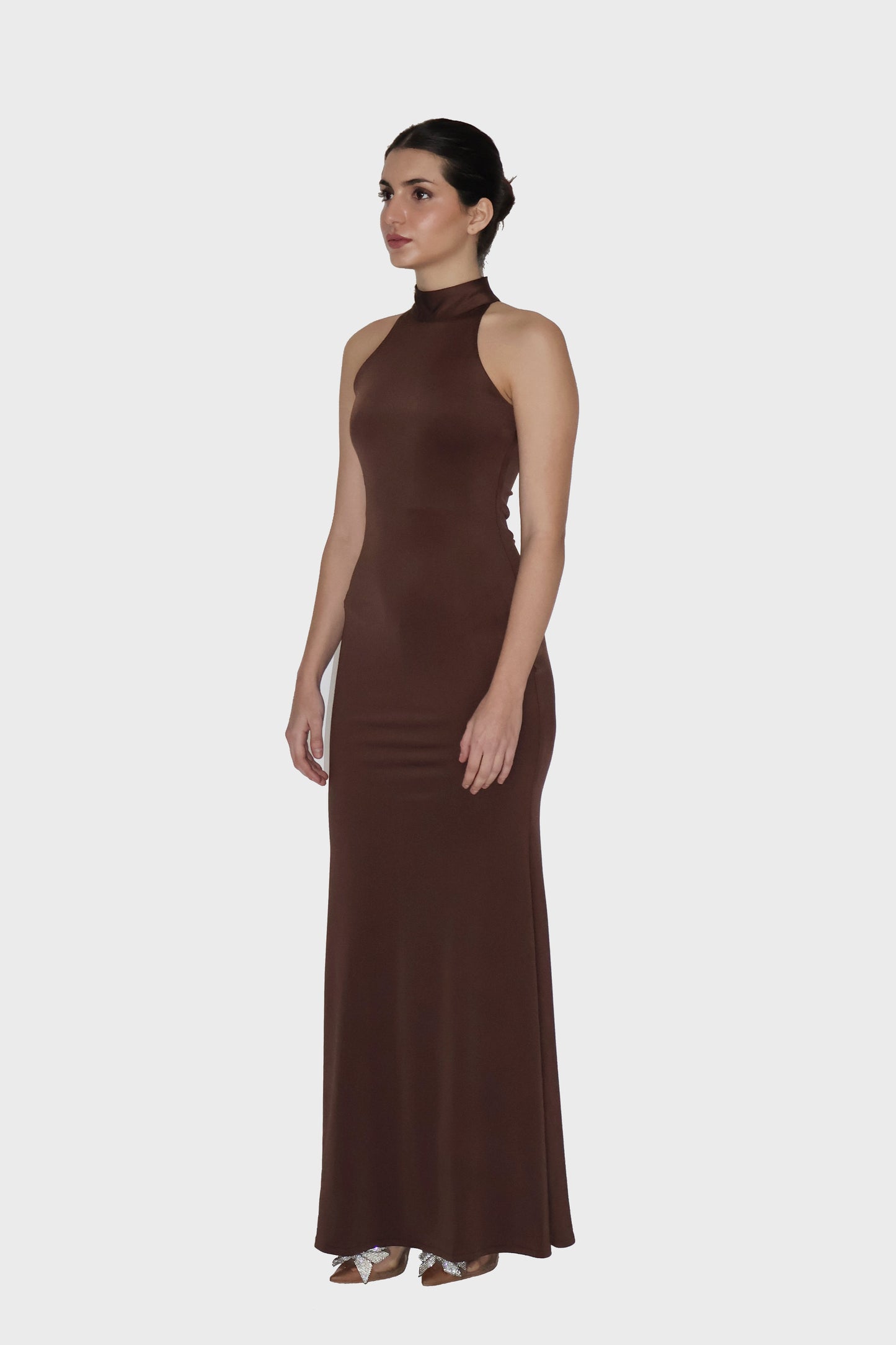 Brown Long Halter Neck Maxi Dress - Ether Dress (Coco)