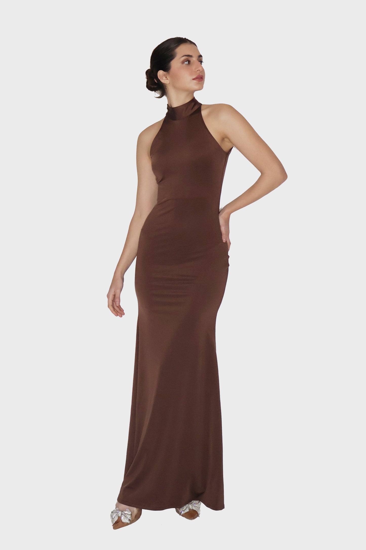 Brown Long Halter Neck Maxi Dress - Ether Dress (Coco)