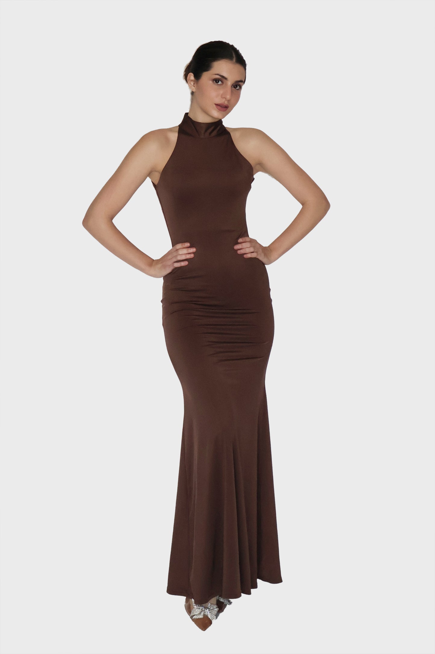 Brown Long Halter Neck Maxi Dress - Ether Dress (Coco)