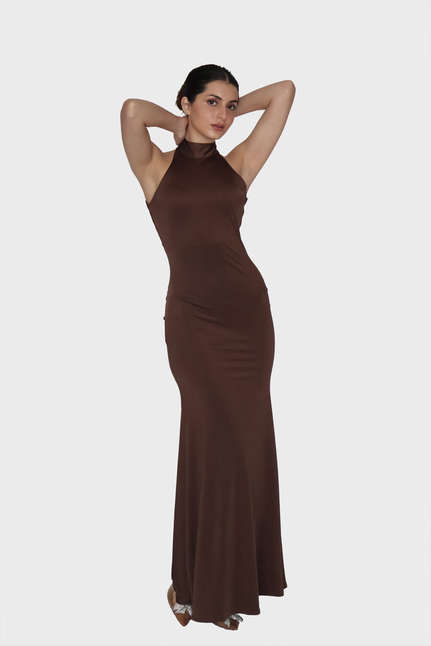 Brown Long Halter Neck Maxi Dress - Ether Dress (Coco)
