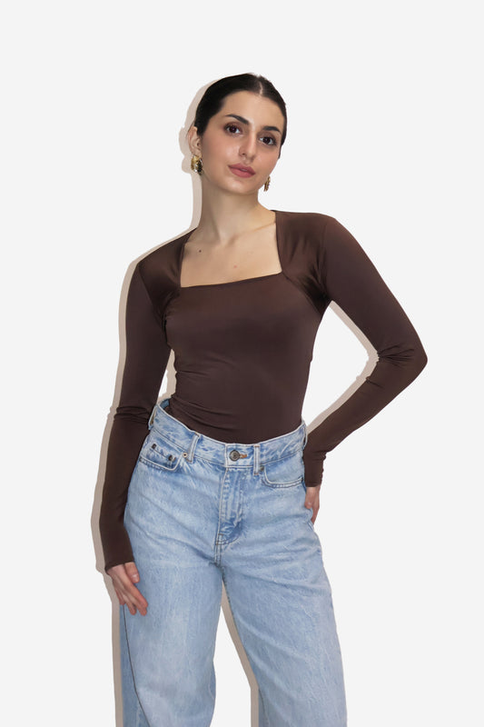 Brown Square Neck Full Sleeve Top - Sway Top (Coco)