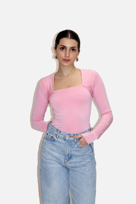 Pink Square Neck Full Sleeve Top - Sway Top (Flamingo)