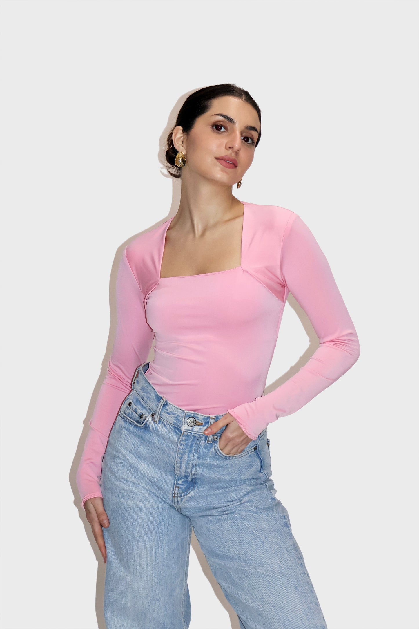 Pink Square Neck Full Sleeve Top - Sway Top (Flamingo)