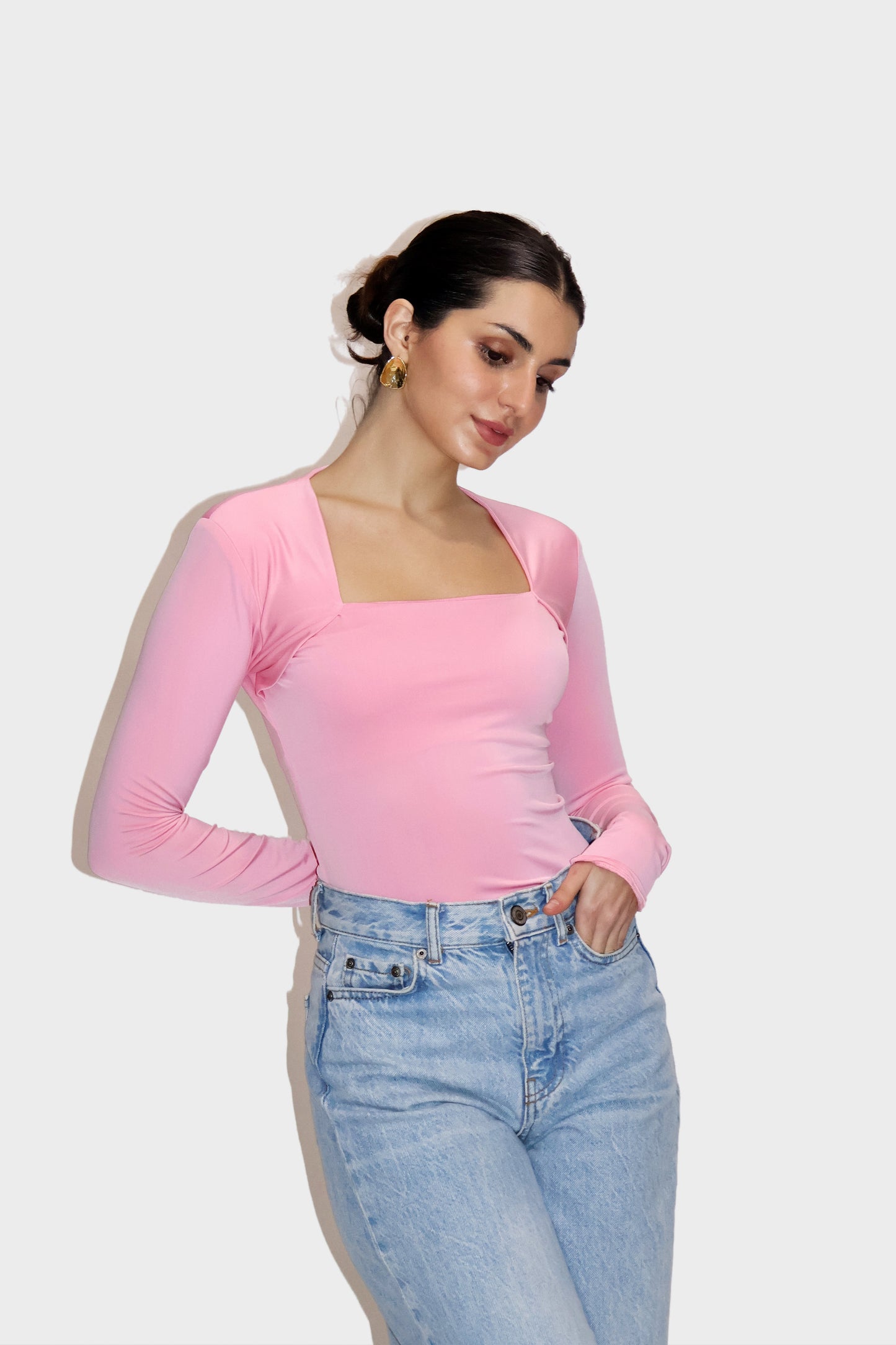 Pink Square Neck Full Sleeve Top - Sway Top (Flamingo)