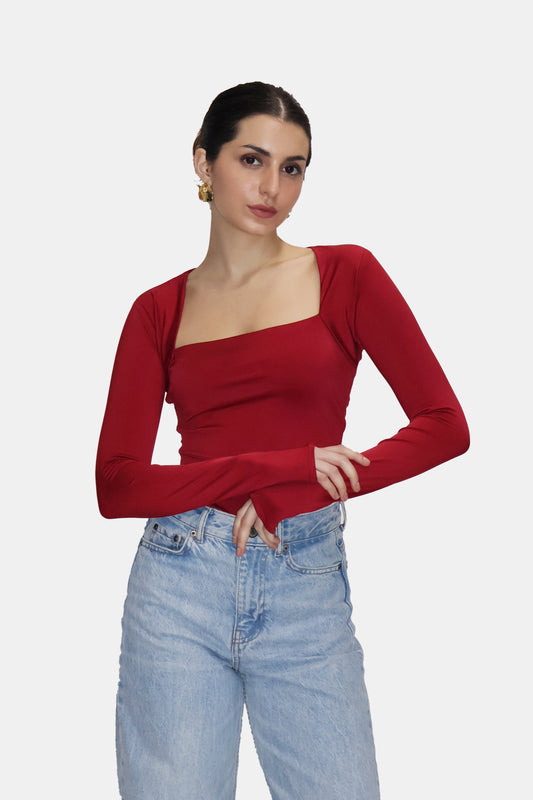 Red Square Neck Full Sleeve Top - Sway Top (Cherry)