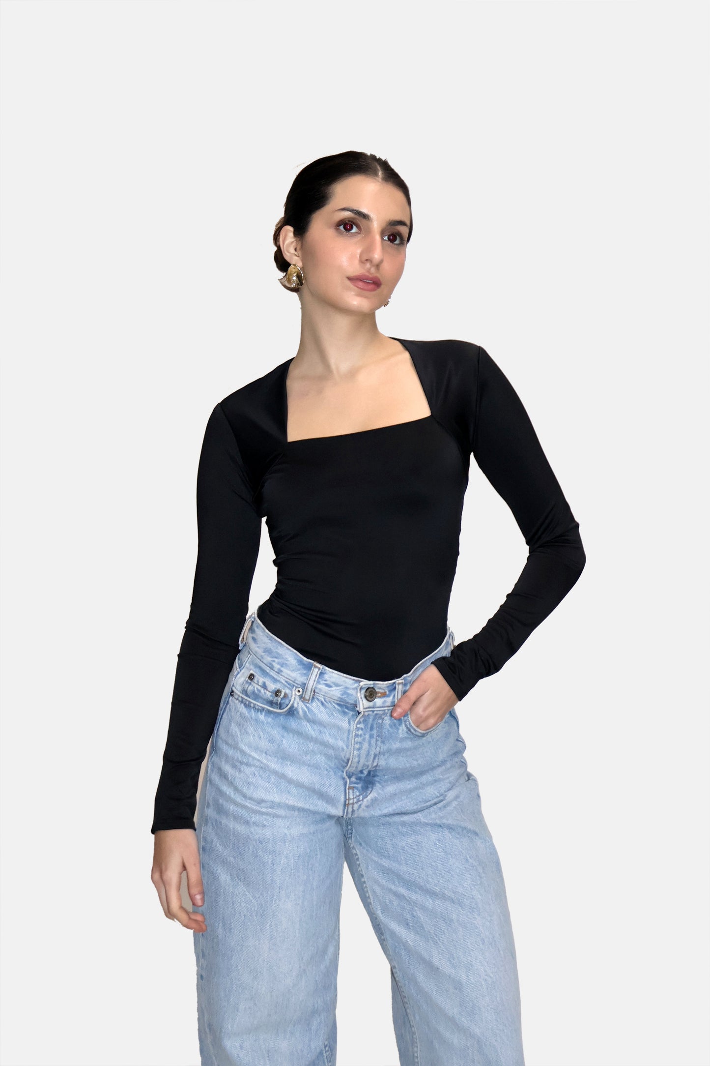 Black Square Neck Full Sleeve Top - Sway Top (Onyx)