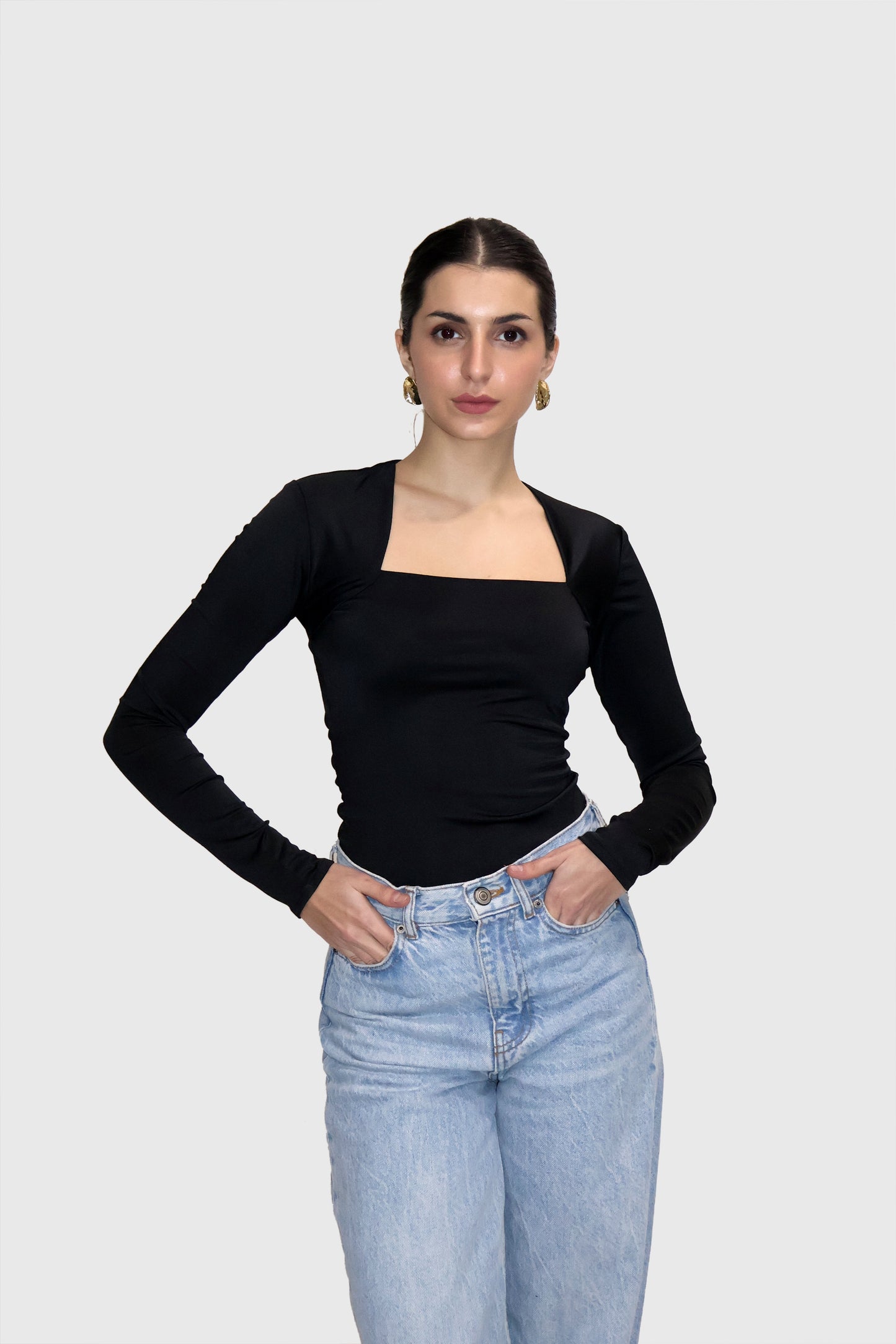 Black Square Neck Full Sleeve Top - Sway Top (Onyx)