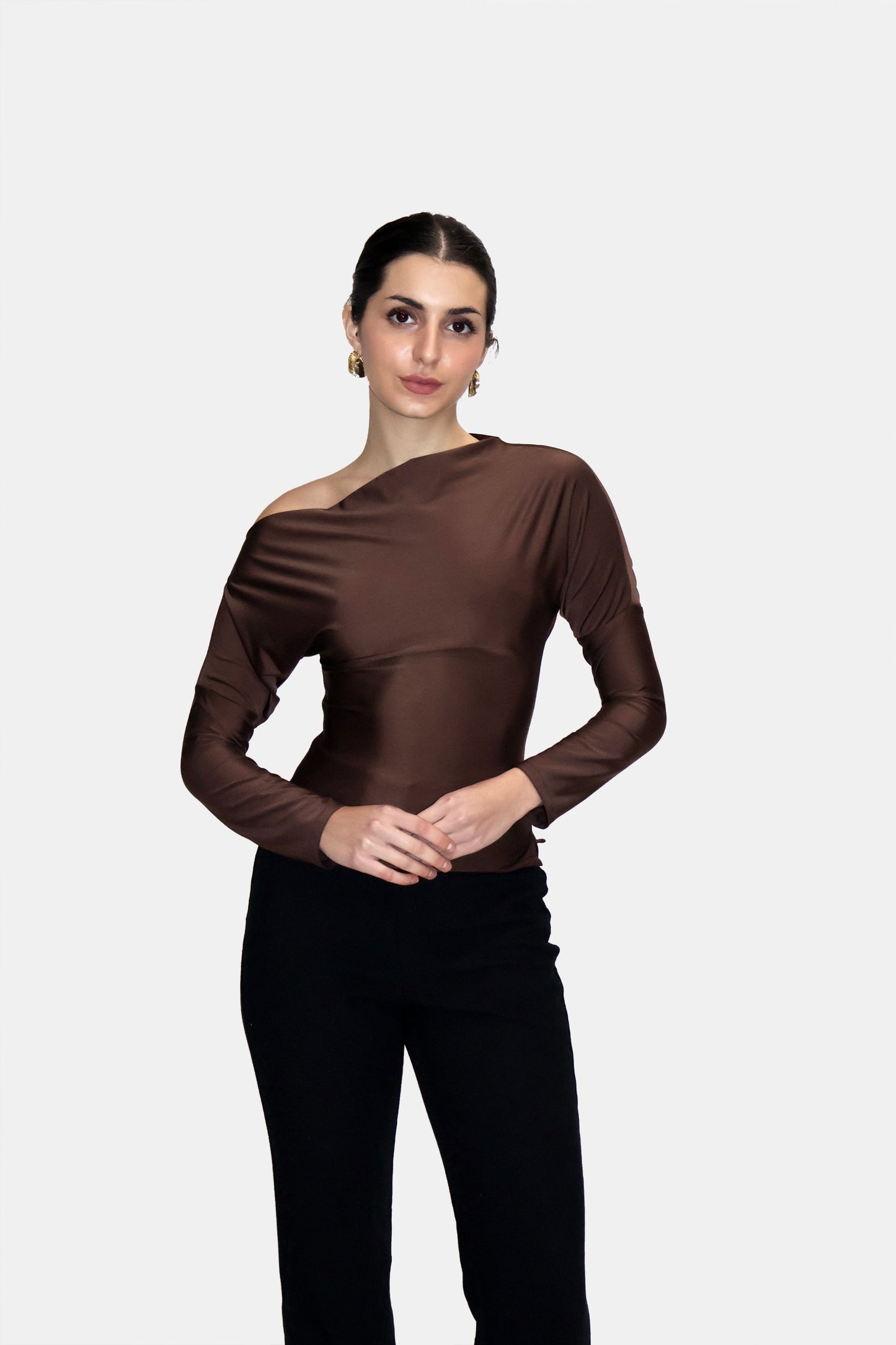 Brown One-Shoulder Full Sleeve Top - Oak Top (Coco)