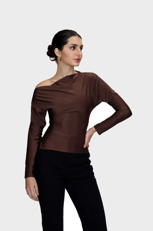 Brown One-Shoulder Full Sleeve Top - Oak Top (Coco)