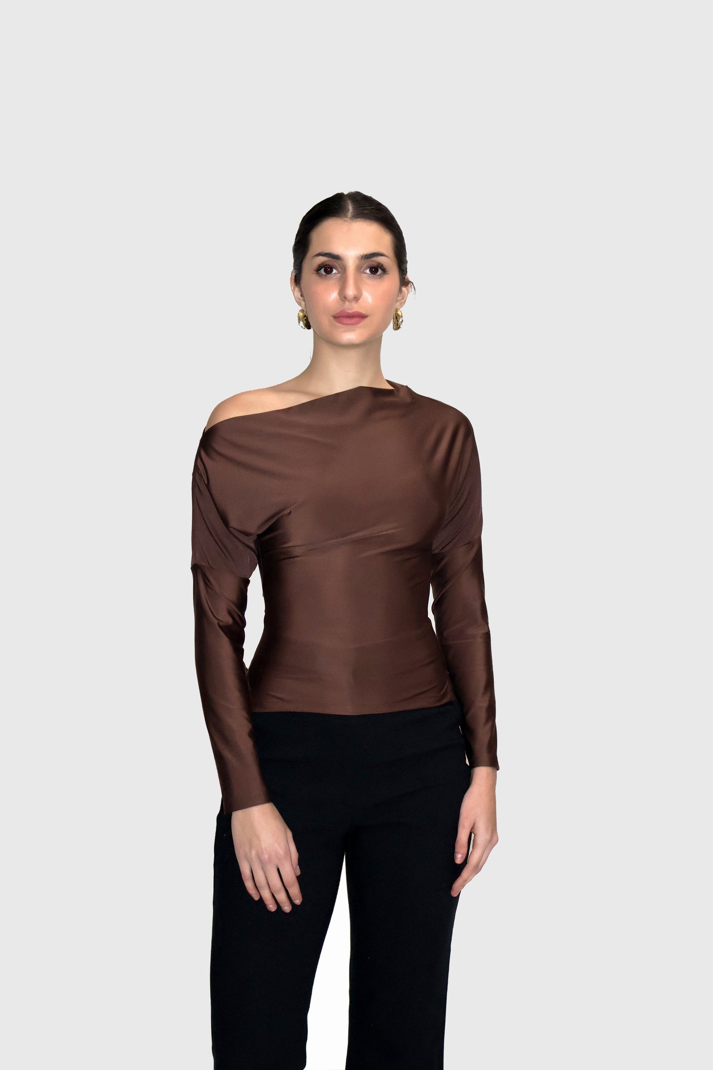 Brown One-Shoulder Full Sleeve Top - Oak Top (Coco)