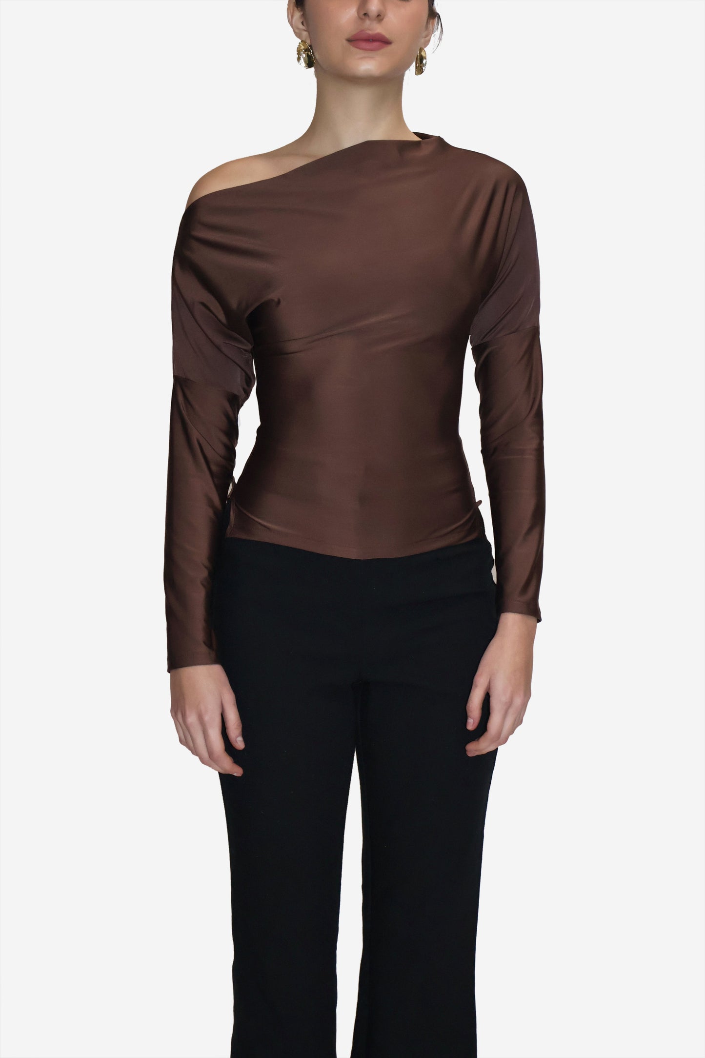 Brown One-Shoulder Full Sleeve Top - Oak Top (Coco)