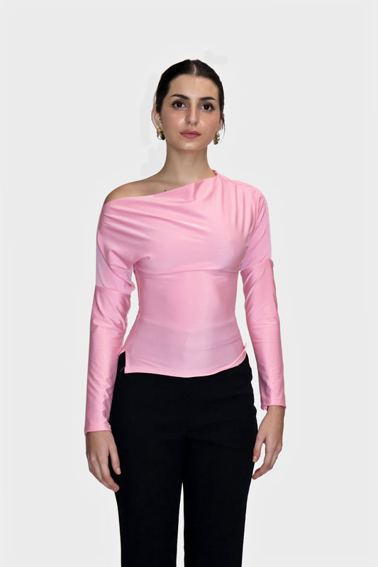 Pink One-Shoulder Full Sleeve Top - Oak Top (Flamingo)