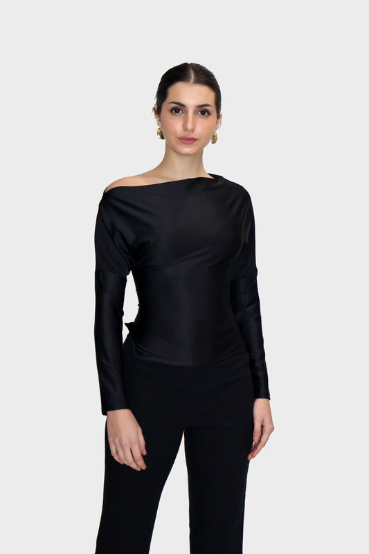 Black One-Shoulder Full Sleeve Top - Oak Top (Onyx)
